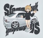  1girl :3 absurdres black_hoodie bokuya bottomless brown_hair car green_eyes grey_background grey_footwear highres hood hood_down hoodie looking_at_viewer mole mole_under_eye motor_vehicle original shoes short_hair smile sneakers solo toyota toyota_altezza vehicle_focus waving 