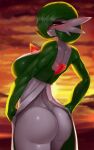  2023 absurd_res blurred_background blush butt digital_media_(artwork) eyebrows faejunkie female gardevoir generation_3_pokemon green_hair grin hair hi_res humanoid looking_at_viewer nintendo outside pokemon pokemon_(species) smile solo 