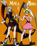  2girls absurdres bare_arms black_coat black_eyes black_hairband blonde_hair boots buttons character_name closed_mouth coat crossover dress frown full_body gloves green_eyes hairband highres holding holding_scythe holding_weapon kekel maka_albarn mandy_(grim_adventures) multiple_girls orange_background pink_dress pleated_skirt scythe shirt shoes simple_background skirt sleeveless sleeveless_dress smile soul_eater standing sweater_vest the_grim_adventures_of_billy_&amp;_mandy twintails weapon white_gloves white_shirt 