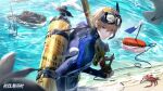  artist_request beach bird blonde_hair blue_eyes crab flag goggles goggles_on_head highres lee_(punishing:_gray_raven) looking_at_viewer looking_back male_swimwear ocean official_art punishing:_gray_raven rubber_duck sand scuba seagull starfish tide water_gun 