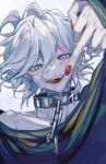  1boy :d bandaid bandaid_on_face blood broken broken_chain chain chitose_(chitoseame0609) collar collarbone danganronpa_(series) danganronpa_another_episode:_ultra_despair_girls fangs green_shirt grey_background grey_eyes grey_hair hand_up highres komaeda_nagito male_focus messy_hair metal_collar middle_finger nail_polish pink_blood portrait red_nails servant_(danganronpa) shirt simple_background sleeves_past_wrists smile solo teeth 