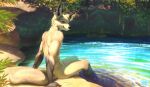  2023 anthro azuza canid canine detailed_background fox male mammal nude outside partially_submerged sitting solo water 