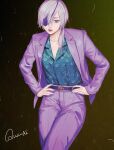  1girl blue_shirt chainsaw_man character_name cowboy_shot drgryu750 eyepatch grey_hair hair_over_shoulder hands_on_own_hips hawaiian_shirt highres jacket long_hair looking_at_viewer pants ponytail purple_jacket purple_pants quanxi_(chainsaw_man) shirt shirt_tucked_in solo striped striped_jacket striped_pants 