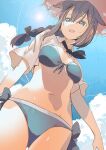  1girl absurdres alternate_costume bikini black_ribbon blue_bikini blue_eyes braid breasts brown_hair cleavage collared_shirt cowboy_shot hair_flaps hat highres kantai_collection long_hair neck_ribbon ribbon shigure_(kancolle) shigure_kai_san_(kancolle) shirt short_sleeves single_braid sky solo straw_hat sun_hat swimsuit yoshinaga_yunosuke 