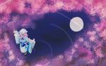  1girl absurdres cherry_blossoms highres koyane_(silver81106) moon moonlight night night_sky one-hour_drawing_challenge pond reflection saigyouji_yuyuko sky solo touhou water 