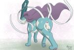  aesyr animal_genitalia anus balls canine_genitalia digitigrade feral generation_2_pokemon genitals hi_res legendary_pokemon looking_at_viewer male nintendo pawpads pokemon pokemon_(species) presenting quadruped rear_view seductive simple_background solo suicune 