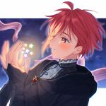  1boy ahoge black_jacket blush border gem highres idolish7 jacket long_sleeves male_focus nanase_riku red_eyes red_gemstone red_hair shirt short_hair sky smile solo star_(sky) star_(symbol) starry_background starry_sky teeth ushio92 white_border white_shirt 