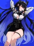  1girl absurdres arms_up belt black_belt black_hair blue_background blue_hair breasts cleavage colored_inner_hair demon_horns grin highres hololive hololive_english horns large_breasts long_hair lying mole mole_on_thigh mole_under_eye mouth_hold multicolored_hair multiple_belts nerissa_ravencroft on_back red_eyes smile solo sweat teeth_hold thigh_strap thighs very_long_hair virtual_youtuber xsilentred 