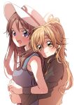  2girls :d bangs blonde_hair blue_shirt blush brown_hair closed_mouth commentary_request from_side green_(pokemon) hat hug hug_from_behind long_hair looking_at_viewer marutoko45 multiple_girls open_mouth pokemon pokemon_adventures ponytail shirt sleeveless sleeveless_shirt smile teeth tongue tunic upper_teeth_only white_background white_headwear wristband yellow_(pokemon) 