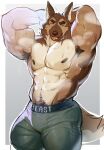  absurd_res anthro bodily_fluids canid canine canis clothed clothing domestic_dog english_text flexing hi_res looking_at_viewer male mammal muscular muscular_male o_reowoof pose shirtless solo sweat tail text underwear underwear_only 