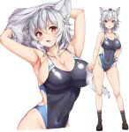  1girl absurdres alternate_costume amagi_(amagi626) animal_ear_fluff animal_ears armpits arms_up breasts brown_footwear cleavage collarbone contrapposto covered_navel fang grey_hair hat highres inubashiri_momiji large_breasts looking_at_viewer multiple_views red_eyes red_headwear school_uniform shoes simple_background skindentation skirt socks standing sweat tail tokin_hat touhou translation_request undressing white_background wolf_ears wolf_girl wolf_tail 