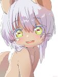  1other absurdres blush body_fur brown_fur furry green_eyes hair_between_eyes hair_over_shoulder highres horizontal_pupils light_smile looking_at_viewer made_in_abyss nanachi_(made_in_abyss) sekaineko_001 tail whiskers white_hair 