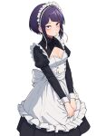  1girl absurdres alternate_costume apron audio_jack black_dress boku_no_hero_academia breasts cleavage dress enmaided highres jirou_kyouka kobaji long_earlobes looking_at_viewer maid maid_apron purple_eyes purple_hair short_hair small_breasts solo white_apron white_background 