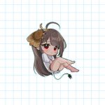  1girl :&lt; ahoge animal_on_head bandaid bandaid_on_cheek bandaid_on_face bandaid_on_knee bandaid_on_leg bare_legs barefoot black_panties blush brown_hair bug cable cable_tail chibi closed_mouth electric_plug from_side full_body grid_background long_hair looking_at_viewer looking_to_the_side mechanical_tail mole mole_under_eye moth no_pants on_head original outline panties pink_socks red_eyes shirt short_sleeves single_sock socks solo straight_hair t-shirt tail underwear vickie_(cryingrobot) vickie_(cryingrobot)_(character) white_background white_shirt 