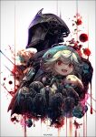  1girl 6+boys :d black_coat blood blood_splatter bondrewd coat covered_face creature flask green_headwear helmet k-suwabe made_in_abyss meinya_(made_in_abyss) multiple_boys open_mouth prushka red_eyes smile whistle white_hair 