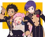  1girl 2boys ascot black_hair blush braid breasts buttons claude_von_riegan closed_eyes dark-skinned_male dark_skin do_m_kaeru epaulettes fire_emblem fire_emblem:_three_houses flower garreg_mach_monastery_uniform green_eyes height_difference hilda_valentine_goneril long_hair long_sleeves lorenz_hellman_gloucester medium_breasts multiple_boys one_eye_closed open_mouth pink_eyes purple_eyes purple_hair red_flower red_rose rose short_hair side_braid smile twintails uniform white_ascot 