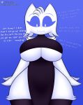  anthro big_breasts breast_squish breasts clothing clyde_(discord) dialogue discord_(app) embarrassed euphorica felid feline female fluffy hi_res legwear looking_down mammal secretly_loves_it slit_dress solo squish text thigh_highs under_boob wide_hips 