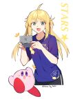  1girl ahoge artoria_caster_(fate) artoria_pendragon_(fate) blonde_hair blue_shirt breasts clothes_writing fate/grand_order fate_(series) green_eyes handheld_game_console highres house_tag_denim kirby kirby_(series) long_hair looking_at_viewer nintendo_ds open_mouth shirt short_sleeves small_breasts smile twintails 