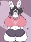  anthro black_hair bottomwear breasts cleavage clothed clothing female fluffy fluffy_ears fluffy_hair hair hotpants huge_hips huge_thighs lagomorph leporid looking_down mammal marshmallow_(bunnycurves) neck_tuft pattern_background pink_hair purple_eyes rabbit shirt shorts simple_background smile solo sparkles thatdumbdeer thick_thighs topwear tuft white_body wide_hips 