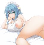  1girl apron arm_support ass blue_hair blush bottomless breasts closed_mouth flower green_eyes hair_flower hair_ornament head_rest hikikomari_kyuuketsuki_no_monmon hinata_masaki large_breasts looking_at_viewer lying maid maid_headdress medium_hair naked_apron nipples no_panties pussy smile solo villhaze 