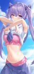  1girl absurdres alternate_costume armpits arms_up bare_arms blue_skirt bow bra cowboy_shot frilled_bra frills genshin_impact hair_bow highres keqing_(genshin_impact) kuroida long_hair looking_at_viewer midriff navel neckerchief open_mouth pink_bra pleated_skirt purple_eyes purple_hair sailor_collar school_uniform serafuku shirt skirt solo stomach sweatdrop twintails underwear undressing white_shirt 