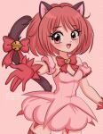  1990s_(style) 1girl absurdres animal_ears bell blush bow bowtie breasts bridal_garter cat_ears cat_girl cat_tail chelly_(chellyko) detached_sleeves dress fang gloves heart highres looking_at_viewer mew_ichigo momomiya_ichigo open_mouth outstretched_arm pink_background pink_dress red_bow red_bowtie red_eyes red_gloves red_hair retro_artstyle ribbon short_hair short_sleeves simple_background small_breasts smile solo standing strapless strapless_dress tail tail_bell tail_ornament tail_ribbon tokyo_mew_mew 