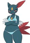  baburusushi blue_body blue_fur blush clothing female front_view fur generation_2_pokemon hi_res looking_at_viewer navel nintendo open_mouth pokemon pokemon_(species) red_body red_eyes simple_background sneasel solo swimwear white_background 