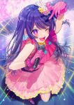  1girl absurdres commentary_request dress frilled_dress frills gloves hair_ornament highres hoshino_ai_(oshi_no_ko) idol long_hair microphone negimapurinn one_eye_closed open_mouth oshi_no_ko pink_dress pink_gloves purple_eyes purple_hair rabbit_hair_ornament solo star-shaped_pupils star_(symbol) symbol-shaped_pupils teeth v 