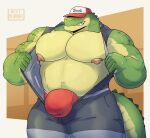  2023 absurd_res alligator alligatorid anthro areola barazoku beefburner biceps big_bulge big_pecs biped bodily_fluids bulge clothed clothing coveralls crocodilian digital_media_(artwork) green_body green_scales hat headgear headwear hi_res male musclegut muscular muscular_anthro muscular_male navel nipples pecs pinup pose reptile scales scalie smile solo standing sweat tail tan_body tan_scales teeth underwear 