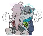  2girls @_@ ahoge aqua_scarf blazer blood blood_on_back blood_on_clothes blood_on_gloves blood_on_hands blue_archive dated faded_halo gloves grey_hair halo hoshino_(blue_archive) hug injury jacket multiple_girls pink_hair plaid plaid_skirt pleated_skirt school_uniform shiroko_(blue_archive) simple_background single_glove sitting sitting_on_person skirt socks speech_bubble teardrop tears translation_request trembling tsubutarou white_background white_socks wide-eyed 