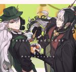  2boys argyle argyle_shirt ashiya_douman_(event_portrait)_(fate) ashiya_douman_(tour_outfit)_(fate) black_hair bowl clone closed_eyes coat coat_on_shoulders curly_hair earrings fate/grand_order fate/grand_order_arcade fate_(series) fedora feet_out_of_frame from_above hair_between_eyes hat holding holding_bowl holding_spoon jewelry long_hair long_sleeves looking_at_viewer magatama magatama_earrings male_focus multicolored_hair multiple_boys official_alternate_costume parted_bangs plm233 spoon swept_bangs two-tone_hair two-tone_shirt very_long_hair white_hair 