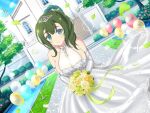  1girl balloon bare_shoulders blue_eyes blue_sky blush bouquet breasts bride bush church cleavage closed_mouth cloud cobblestone collarbone day dress falling_petals flower frilled_dress frilled_gloves frills garland_(decoration) gem gloves grass green_flower green_hair green_ribbon green_rose hair_ribbon hiyori_(senran_kagura) holding holding_bouquet jewelry lace lace-trimmed_dress lace_trim large_breasts lens_flare looking_at_viewer official_alternate_costume official_art outdoors petals pink_flower pond ponytail ribbon rose see-through_cleavage senran_kagura senran_kagura_new_link short_hair sky smile solo stairs stone_stairs tiara tree water wedding wedding_dress white_dress white_flower white_gloves white_rose window yaegashi_nan yellow_flower yellow_rose 