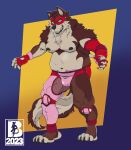  absurd_res anthro belly bulge canid canine canis chubby_male hi_res male mammal mr.brapion musclegut muscular nipples solo wolf wrestling wrestling_outfit 
