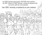  android baalbuddy bangs big_breasts bottomwear breasts building city cleavage clothed clothing comic curled_hair english_text eyes_closed eyewear female fire glasses gloves greyscale group hair hair_over_eye handwear hi_res humanoid legwear long_hair machine midriff monochrome narration navel not_furry one_eye_obstructed open_mouth ponytail robot round_glasses satellite_dish short_hair skirt skyscraper smoke standing text thigh_highs wide_hips 