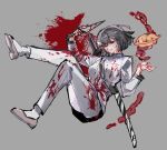  1girl adorabilis black_hair blood blood_on_clothes blood_on_face closed_mouth food full_body grey_background holding holding_knife intestines jacket katana knife limbus_company long_sleeves looking_at_viewer pants pie project_moon red_eyes ryoshu_(limbus_company) shoes short_hair simple_background smile socks solo sword weapon white_footwear white_jacket white_pants white_socks 