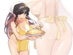  1girl apron ass black_hair breasts food fuwafuwatoufu head_scarf highres holding holding_plate holding_spoon kantai_collection large_breasts long_hair looking_at_viewer multiple_views naganami_(kancolle) naked_apron one-hour_drawing_challenge open_mouth pink_hair plate simple_background spoon twitter_username white_background yellow_apron yellow_eyes 
