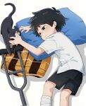  1boy animal bandaged_leg bandages black_cat black_eyes black_hair black_shorts cat crutch english_commentary from_above hands_on_another&#039;s_face highres light_smile lying male_child male_focus on_side original phamquo35059479 pillow shirt short_hair short_sleeves shorts solo white_background white_shirt 