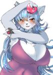  &lt;3 2022 :3 absurd_res anthro big_breasts biped blue_hair blush bottle breasts canid canine canis cheek_tuft chest_tuft claws cleavage clothed clothing colored container countershade_fur countershade_hands countershade_torso countershading digit_ring digital_media_(artwork) dress ear_piercing ear_ring ear_stud eyelashes facial_markings facial_tuft female female_anthro finger_claws fluffy front_view fully_clothed fur glistening glistening_eyes glistening_hair grey_body grey_ears grey_fur grey_hair grey_nose hair half-length_portrait handpaw head_markings heart_bottle hi_res holding_lipstick holding_object huge_breasts jewelry kemono lipstick lipstick_(object) long_hair looking_at_viewer makeup mammal markings mature_anthro mature_female monotone_ears monotone_hair multicolored_body multicolored_fur muzzle_(marking) navel_outline open_:3 open_mouth open_smile paws piercing pink_clothing pink_dress pink_tongue plunging_neckline portrait pose raised_arm red_eyes ring ring_piercing shaded shikibetsuko smile snout snout_markings solo standing tongue tuft two_tone_body two_tone_fur white_body white_claws white_countershading white_fur white_inner_ear wolf 