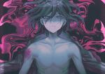  1boy black_background blood closed_mouth collarbone danganronpa_(series) danganronpa_v3:_killing_harmony hair_between_eyes i-hara looking_at_viewer lying male_focus oma_kokichi on_back pink_background pink_blood solo sweat topless_male upper_body 