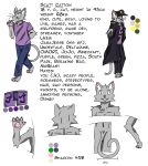  adult_(lore) anthro black_nose blue_bottomwear blue_clothing blue_jeans blue_pants bottomwear claws clothing denim denim_clothing domestic_cat english_text fan_character fangs felid feline felis fur green_eyes grey_body grey_fur hi_res jeans jojo&#039;s_bizarre_adventure jojo_pose jotaro&#039;s_hat jotaro_kujo kaycraftytrus lore male mammal model_sheet palette pants paws purple_clothing purple_shirt purple_topwear purple_underwear reference_image scatt_catton_(kaycraftytrus) shirt smile tail teeth text topwear underwear 