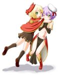  2girls ;&lt; ;d belt beret blonde_hair bob_cut boots bow brown_belt brown_dress brown_footwear brown_gloves capelet closed_mouth creator_(ragnarok_online) dress elbow_gloves full_body fur-trimmed_boots fur-trimmed_footwear fur_trim gloves green_eyes hair_between_eyes hair_bow hat hat_ribbon hug kanzuki_yuu knee_boots light_purple_hair looking_at_viewer mage_(ragnarok_online) multiple_girls navel one_eye_closed own_hands_together ragnarok_online red_bow red_capelet red_footwear red_ribbon ribbon shadow short_dress simple_background single_horizontal_stripe skirt smile stomach_tattoo tattoo white_background white_headwear 