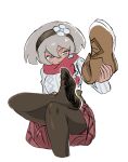  1girl bea_(pokemon) black_hairband black_pantyhose blush breasts closed_mouth dark-skinned_female dark_skin feet grey_eyes grey_hair hair_between_eyes hairband highres holding holding_shoes legs official_alternate_costume pantyhose pokemon pokemon_(game) pokemon_masters_ex pokemon_swsh removing_shoes shoes short_hair simple_background sitting solo u4_99384295 