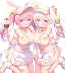  2girls :d animal_ears apron bobby_socks bow breasts cleavage closed_mouth collarbone commentary_request crop_top double_scoop food frilled_skirt frills fruit grey_hair hair_between_eyes hair_bow hair_ornament hairclip hand_up hands_up highres holding holding_food ice_cream ice_cream_cone large_breasts long_hair midriff multiple_girls navel original pink_hair pleated_skirt purple_eyes rabbit_ears sakura_(usashiro_mani) shoes simple_background skirt smile socks standing standing_on_one_leg strawberry striped striped_skirt triple_scoop twintails usashiro_mani vertical-striped_skirt vertical_stripes very_long_hair visor_cap waist_apron white_apron white_background white_socks wrist_cuffs x_hair_ornament yellow_bow yellow_footwear yellow_headwear yellow_skirt 