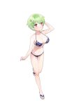  1girl absurdres alternate_costume arm_at_side arm_up ass_visible_through_thighs bare_arms bare_shoulders bikini blue_bikini blush breasts cleavage closed_mouth collarbone curvy flower full_body green_hair hair_between_eyes hair_flower hair_ornament halterneck highres large_breasts lemon_print looking_at_viewer may_salamanya navel nomura_miki red_eyes sandals short_hair simple_background smile solo standing standing_on_one_leg stomach summer_pockets swimsuit thigh_gap white_background white_flower 