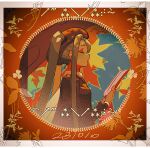  1girl arrow_(symbol) asterisk_(symbol) autumn_leaves beret blue_background book border brown_headwear brown_jacket bug_miku_(project_voltage) closed_eyes dated floral_print from_side green_hair hat hatsune_miku haun holding holding_book inset_border jacket long_hair long_sleeves music orange_background pokemon profile project_voltage shirt sidelocks singing solo tree twintails vocaloid white_shirt 