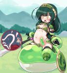 2girls anal armor belly bikini_armor blush breasts day forest gloves grass green_armor green_hair holding holding_shield holding_sword holding_weapon long_hair mountainous_horizon multiple_girls nature navel null_(nyanpyoun) open_mouth outdoors rape red_skirt restrained riding shield skirt slime_(creature) straddling surprised sweat sweatdrop sword tentacle_sex tentacles touhoku_kiritan touhoku_zunko underwear voiceroid weapon wide-eyed x-ray yellow_eyes 