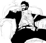  1boy abs bara bare_pectorals beard belt bespectacled boxers bulge buttons chest_hair cigar couch facial_hair feet_out_of_frame formal glasses graves_(league_of_legends) greyscale hair_slicked_back hairy karipaku large_pectorals league_of_legends looking_at_viewer male_focus male_underwear mature_male monochrome muscular muscular_male mustache navel navel_hair nipples on_couch open_belt open_clothes open_fly open_shirt pectorals short_hair sitting smoking solo stomach suit thick_eyebrows underwear 