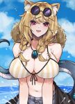  1girl :d absurdres animal_ear_fluff animal_ears arknights bare_shoulders bikini bikini_top_only blonde_hair blue_sky blush braid breasts brothercoral cleavage day eyewear_on_head hair_ornament hairclip hat hat_on_back highres jewelry large_breasts long_hair looking_at_viewer navel necklace official_alternate_costume open_mouth outdoors purple_eyes round_eyewear sky smile solo straw_hat striped striped_bikini sunglasses swimsuit tail teeth twin_braids upper_body upper_teeth_only utage_(arknights) utage_(summer_flowers)_(arknights) vertical-striped_bikini vertical_stripes water x_hair_ornament yellow_bikini 