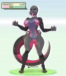  anthro breasts cel_shading clothing dododragon56 female gameplay_mechanics generation_7_pokemon genital_piercing genitals grass gui health_bar hi_res legwear legwear_only looking_at_viewer mostly_nude navel navel_piercing nintendo nipple_piercing nipples nude piercing plant pokemon pokemon_(species) pussy pussy_piercing reptile salazzle scalie shaded simple_background solo stockings stockings_only tongue tongue_out 
