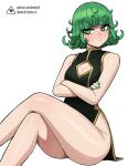  1girl artist_logo bare_shoulders black_dress blush breasts china_dress chinese_clothes cleavage_cutout closed_mouth clothing_cutout commentary crossed_arms crossed_legs curly_hair donburi_(donburikazoku) dress fanbox_username green_eyes green_hair green_nails invisible_chair looking_at_viewer medium_breasts one-punch_man patreon_username short_hair simple_background sitting sleeveless sleeveless_dress solo tatsumaki thighs web_address white_background 